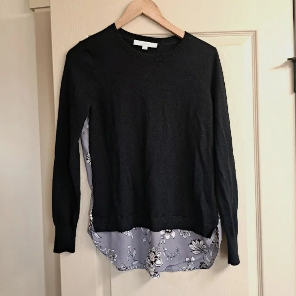 Ann Taylor LOFT Top Women's XS Black Long Sleeve Black w/ Floral Back